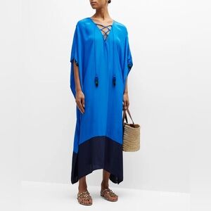 Tommy Bahama Bright Blue and Navy Lace-Up Colorblock Caftan Swim Coverup Sm/Md